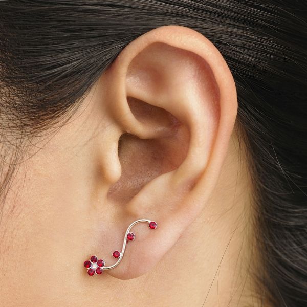 SUVANI Stelring Silver Light Siam Red Swarovski Crystal Flower Vine Ear  Cuff Earrings
