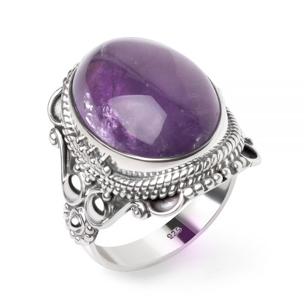 SUVANI Sterling Silver Amethyst Oval Shaped Rope Edge Detailed
