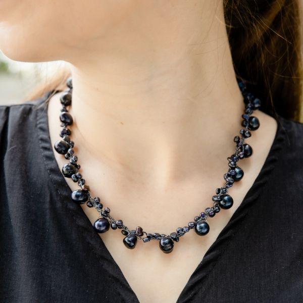 Silk Thread and Black Cultured Freshwater Pearl Peacock Princess