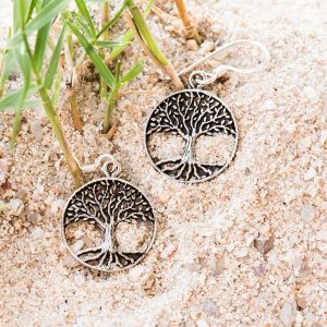 SUVANI Oxidized Sterling Silver Open Filigree Ancient Tree of Life Round Dangle Earrings 1.3"