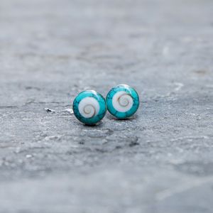 SUVANI 925 Sterling Silver Natural White Shiva Eye Shell Inlay Blue Turquoise Round 10 mm Stud Earrings