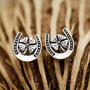 SUVANI Sterling Silver 11 mm Lucky Horse shoe with Four Leaf Clover Post Stud Earrings