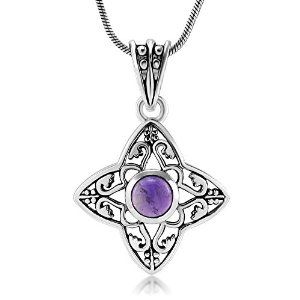 Sterling Silver Purple Amethyst Glass Filigree Cross Pendant Necklace 18''
