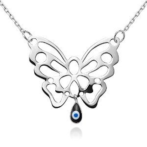 SUVANI Sterling Silver Filigree Butterfly Evil Eye Hamsa Good Luck Protection Pendant Necklace 16” – 18”