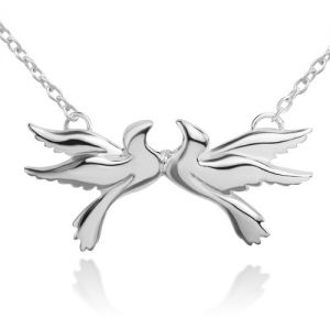 925 Sterling Silver Double Flying Love Birds I Love You Symbol Pendant Necklace 17.5'' Gift for Her