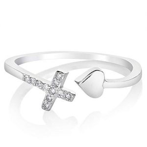 925 Sterling Silver Cubic Zirconia CZ Love of Jesus Cross Heart Band Ring Jewelry Size 6, 7, 8