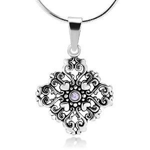 Sterling Silver Amethyst Swarovski Crystal Filigree Heart Love Mandala Pendant Necklace 18''
