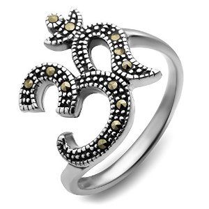 925 Sterling Silver Aum Om Ohm Symbol Marcasite Stone Meditation Yoga Sanskrit Band Ring Size 8