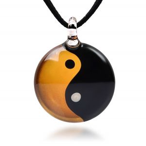 SUVANI Hand Blown Murano Glass Yin Yang Symbol Gold Black Round Pendant Necklace, 18-20 inches