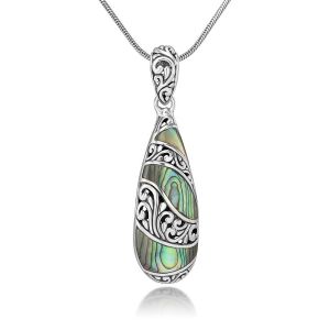 Sterling Silver Natural Abalone Shell Inlay Filigree Teardrop Pendant Necklace w/ 18" Silver Chain