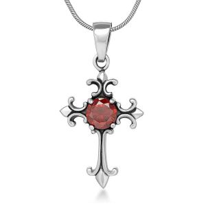 SUVANI 925 Oxidized Sterling Silver Red CZ Gothic Cross Knight Fleur de Lis Pendant Necklace, 18 inches
