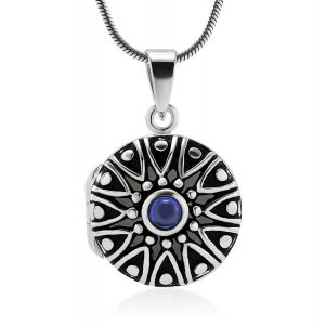 Sterling Silver Blue Sapphire CZ Cubic Zirconia Stone Sun Mandala Round Locket Necklace 18'' 
