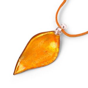 Hand Blown Venetian Murano Glass Vibrant Leaf Glitter Pendant Necklace, 18-20 inches