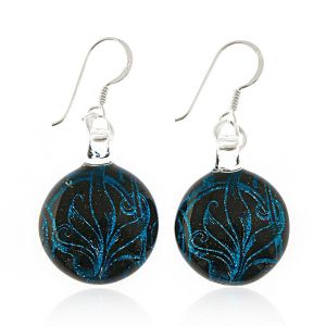 925 Sterling Silver Hand Painted Murano Glass Black Glitter Blue Tree Round Dangle Hook Earrings