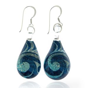 925 Sterling Silver Hand Blown Venetian Murano Glass Blue Sea Wave Silver Glitter Dangle Earrings