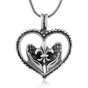 SUVANI 925 Oxidized Sterling Silver Heart Fleur De Lis Symbol Giving Hands Pendant Necklace, 18 inches