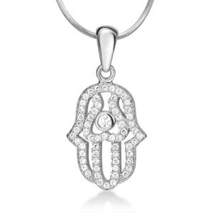 925 Sterling Silver Cubic Zirconia CZ Hamsa Hand of Fatima Good Luck Protection Pendant Necklace 18"