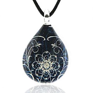 SUVANI Hand Blown Venetian Murano Glass Blue Glitter Mandala Flower Art Pendant Necklace, 17-19 inches