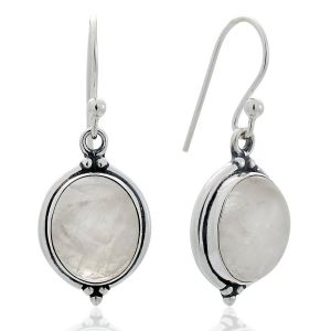 SUVANI 925 Oxidized Sterling Silver Moonstone Gemstone Oval Shaped Vintage Dangle Hook Earrings 1.3"