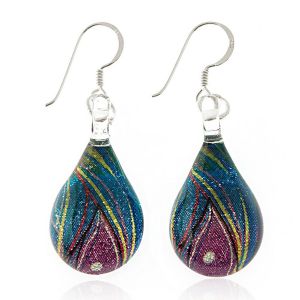SUVANI Sterling Silver Hand Painted Glass Multi-colored Blue Peacock Feather Teardrop Dangle Earringss