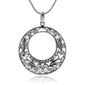Sterling Silver Bali Inspired Flora Design Open Filigree Round Pendant Necklace 18"