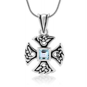 Sterling Silver Genuine Blue Topaz Gemstones Celtic Knot Cross Pendant Necklace 18'' 