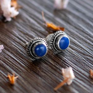 SUVANI Sterling Silver Bali Inspired Tiny Blue Gemstone Braided Round 9 mm Post Stud Earrings