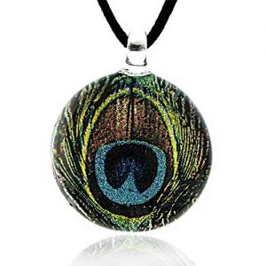 Hand Blown Venetian Murano Glass Glitter Green Peacock Feather Round Pendant Necklace, 17-19 inches