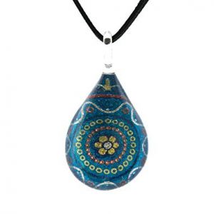 Hand Blown Venetian Murano Glass Multi-Color Blue Flower Mandala Art Pendant Necklace, 17-19 inches