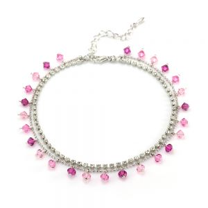 SUVANI 2-Strand Boho Dangling Pink Swarovski Crystal Beads CZ Rhodium Plated Brass Anklet/Bracelet