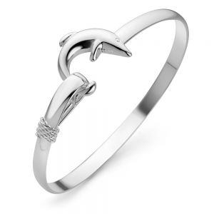 925 Sterling Silver Jumping Playful Dolphin Fish Openable Hook Bangle Bracelet 8 inches