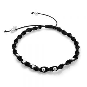 SUVANI Sterling Silver Hand Woven Black Cotton Cord Silver Ball Beads Braided Unisex Cord Bracelet 6.5”-10”