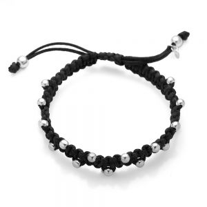 SUVANI Sterling Silver Hand Woven Black Cotton Cord Silver Ball Beads Braided Unisex Cord Bracelet 6”-10”
