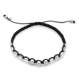 SUVANI Sterling Silver Hand Woven Black Cotton Cord Silver Ball White Crystal Beads Unisex Bracelet 6”-10”