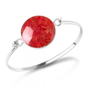SUVANI 925 Sterling Silver Natural Red Sea Bamboo Coral Round Shape Bangle Bracelet 5.5 inches