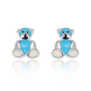 Children's 925 Sterling Silver White Blue Teddy Bear 10 mm Post Stud Earrings