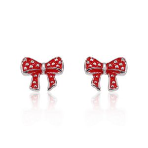 Children's 925 Sterling Silver Tiny Red Polka Dot Ribbon 7 mm Post Stud Earrings