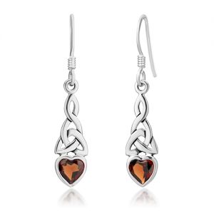 925 Sterling Silver Celtic Knot Red Garnet Gemstone Heart Drop Dangle Hook Earrings