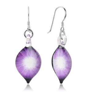 SUVANI 925 Sterling Silver Hand Blown Murano Glass Purple Orchid Flower Teardrop Dangle Earrings