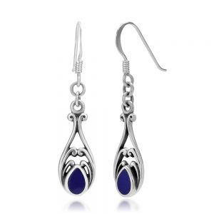 SUVANI 925 Sterling Silver Bali Inspired Blue Gemstone Filigree Dangle Hook Earrings