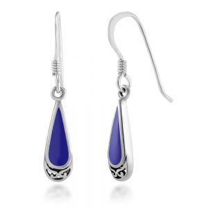 SUVANI 925 Sterling Silver Bali Inspired Blue Gemstone Filigree Teardrop Dangle Earrings