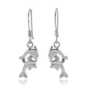SUVANI 925 Sterling Silver Two Jumping Dolphins Porpoise Dangle Hook Earrings