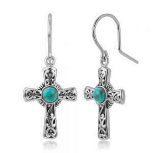 SUVANI Oxidized Sterling Silver Filigree Cross Simulated Turquoise Stone Dangle Hook Earrings 1.3"