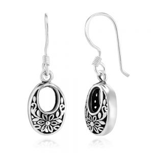SUVANI 925 Oxidized Sterling Silver Bali Inspired Open Filigree Oval Dangle Hook Earrings