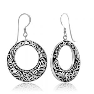 SUVANI Sterling Silver Bali Inspired Flora Design Open Filigree Round Hoop Dangle Earrings