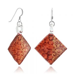SUVANI Sterling Silver Hand Painted Murano Glass Red Orange Swirls Square Dangle Hook Earrings