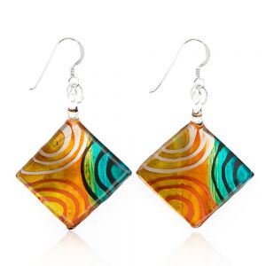 SUVANI Sterling Silver Hand Painted Murano Glass Multi-Colored Art Circles Square Dangle Earrings 2”