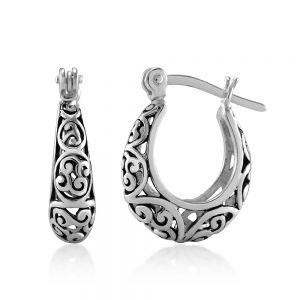 SUVANI 925 Oxidized Sterling Silver Bali-Inspired Open Filigree Hoop Post Earrings