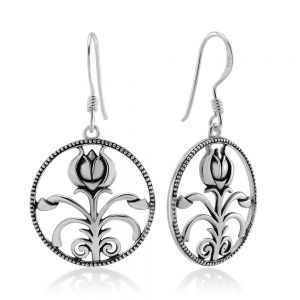 SUVANI 925 Oxidized Sterling Silver Open Rose Flower with Leaf Round Dangle Hook Earrings