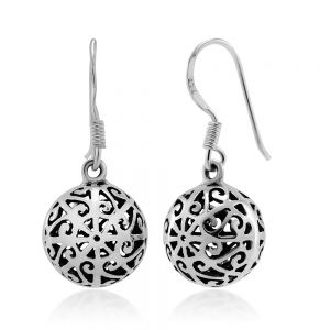 925 Sterling Silver Bali Inspired Filigree Ball Detailed Dangle Hook Earrings